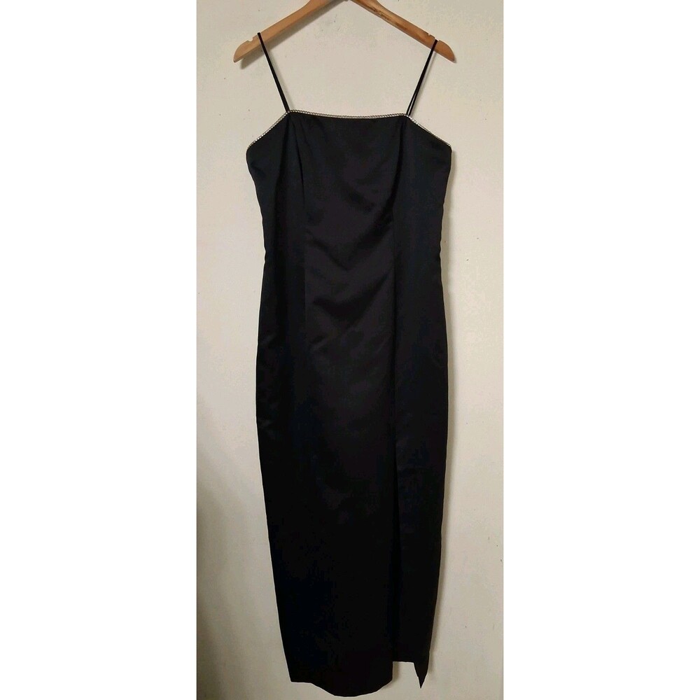 VTG 90s Onyx Nite Sz 14 Womens Black Whimsigoth Formal Maxi Slip Dress Rhineston